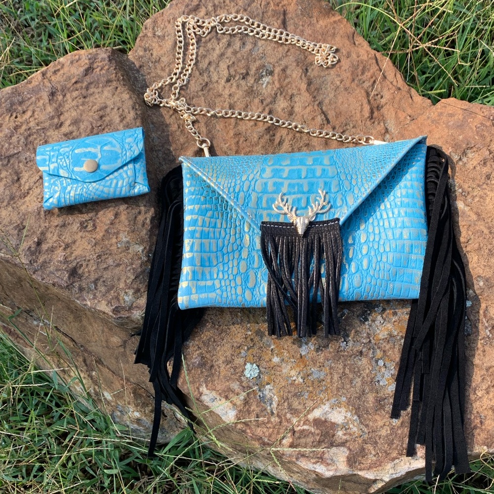 Blue Croc-Embossed Leather Fringe Clutch or Crossbody Bag